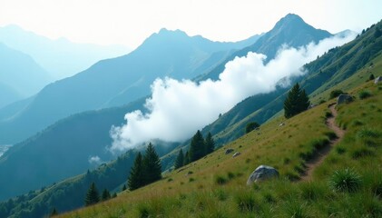 Fototapeta premium Rolling fog clinging to mountain slopes, obscuring trails, white, slopes