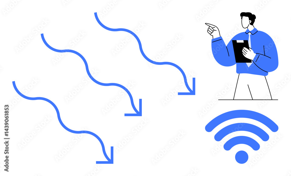 Poster businessman pointing while analyzing arrows representing data flow toward wireless symbol. ideal for