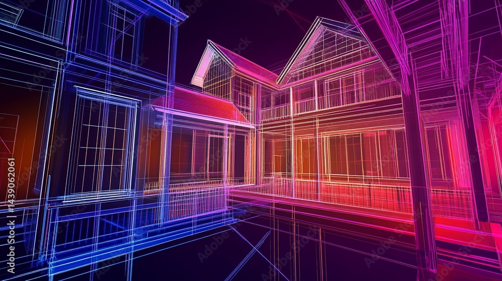Poster 3d rendering of a wireframe model of multiple houses with vibrant neon colors on a dark background