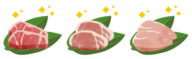 美味しそうな牛肉・豚肉・鶏肉のシンプルイラストセット
