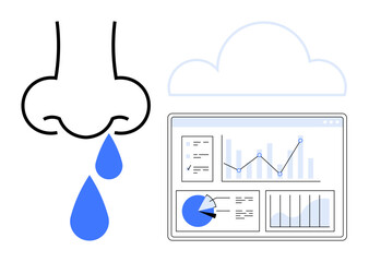 Fototapeta premium Simplified representation of a nose with droplets beside cloud and analytical dashboard. Ideal for healthcare, data analysis, cloud technology, medical research, tracking, allergies, simple landing