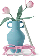 vase with tulips, glasses and pencil