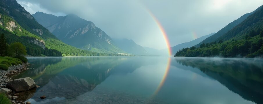Triple rainbow reflected in a tranquil lake, mountain backdrop, misty air, scenery, sunset