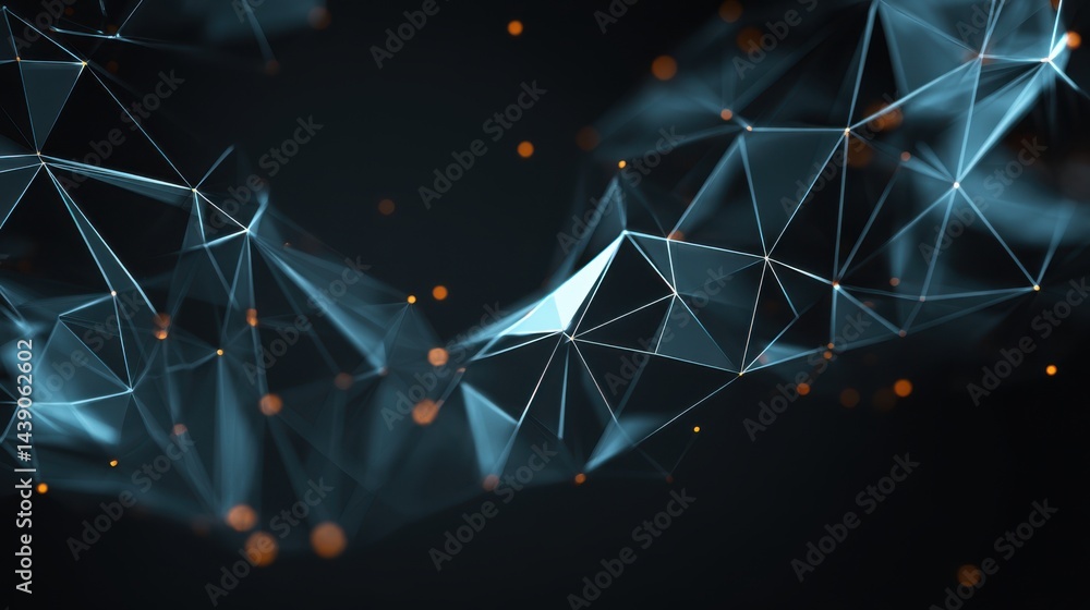 Fototapete abstract geometric design with blue triangles and glowing orange particles on dark background for mo