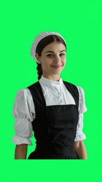 Maid's Elegance: A portrait of a classically dressed woman in a clean uniform standing with a warm smile and an aura of professionalism. Capturing grace, servitude and purity.