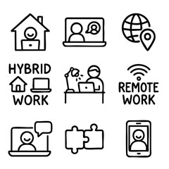 A cute doodle icon set featuring remote work, hybrid office setups, video calls, telecommuting, and digital collaboration in a fun style