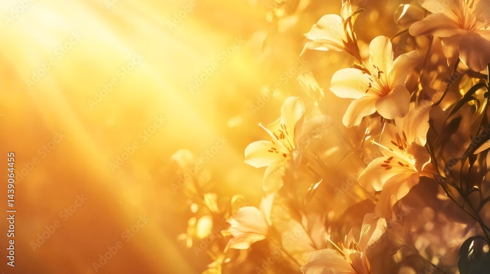 Aufkleber 暖かく輝く黄金色の光の中のユリの花のクローズアップ背景に柔らかく咲く花々