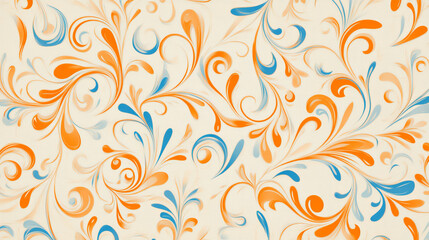 Elegant seamless pattern featuring swirling floral designs in vibrant orange, blue, and soft cream tones, creating lively and cheerful atmosphere. Perfect for various decorative applications