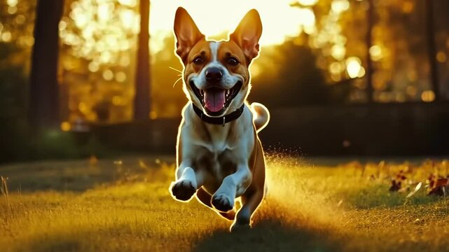 Joyful dog running through sunlit park at sunrise