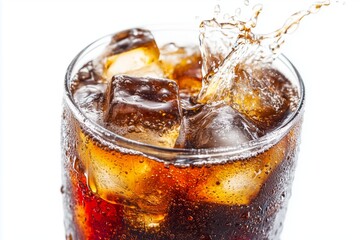 Refreshing Soda Beverage with Ice Cubes and Splashing on a Clean White Backdrop