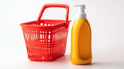Fototapeta premium Red shopping basket, yellow bottle, white background, product display