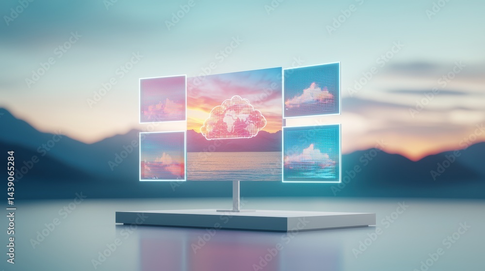 Poster a futuristic digital display showcases cloud computing graphics against a serene mountain and lake b