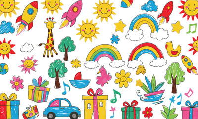  Colorful modern vector illustration filled child's hand drawing ,easily editable.