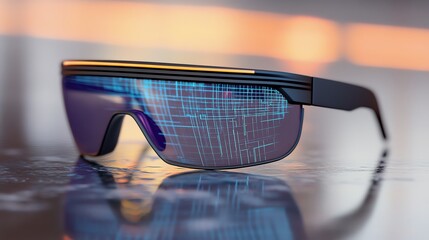 Cyberpunk Sunglasses Reflecting Digital Grid on Wet Surface Close Up
