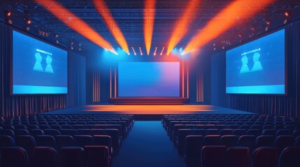 A modern auditorium with empty seats, large screens, and colorful stage lighting prepared for a conference or event.