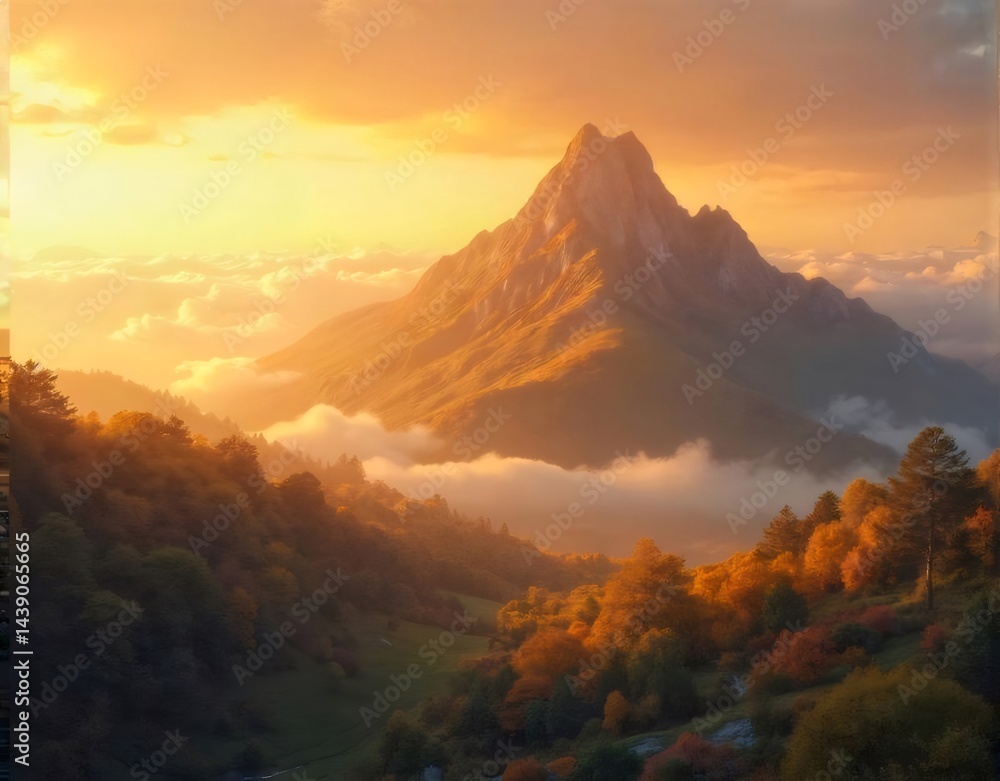 Aufkleber 夕焼け時の山々と森林の美しい風景 太陽光がオレンジ色に輝き 空には雲が広がり パノラマビュー