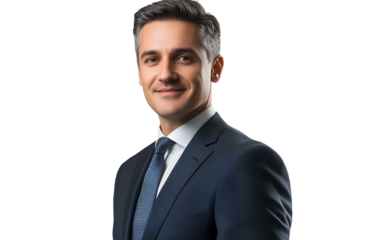 Photo of a young businessman wearing a suit and tie, smiling at the camera, isolated on a transparent background, in a white color, PNG file with no shadows