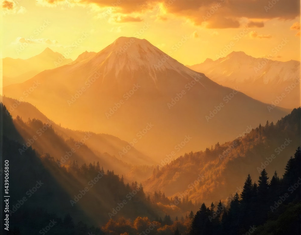 Poster 夕焼けの山々と谷間の美しい風景 太陽光が木々を照らす ゴールデンアワーの温かい光が特徴の自然景観
