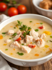Creamy turkey soup bowl healthy cooking. Fresh starter dinner meal. Generate Ai