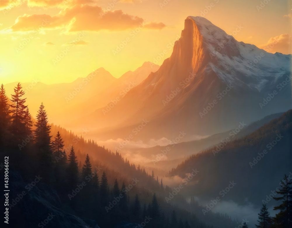 Poster 夕焼けに染まる山々と谷間の風景 黄金色の光が降り注ぐ 大気と木々のシルエットが美しい