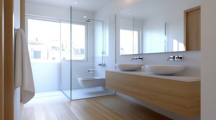 Modern bathroom with natural light and wooden vanity