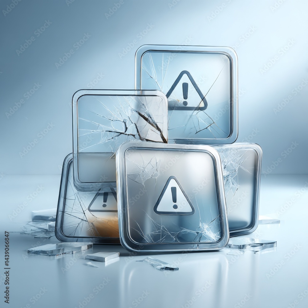 Poster broken warning: a stack of shattered glass icons symbolizing error, risk, or system failure on a ref