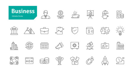 Business Line Icons Set. Strategy, Success, Businessman Editable Stroke Vector Illustration