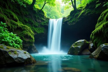 Emerald moss drapes ancient stone, cascading waterfall , geology, background