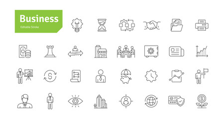 Business Line Icons Set. Strategy, Success, Businessman Editable Stroke Vector Illustration