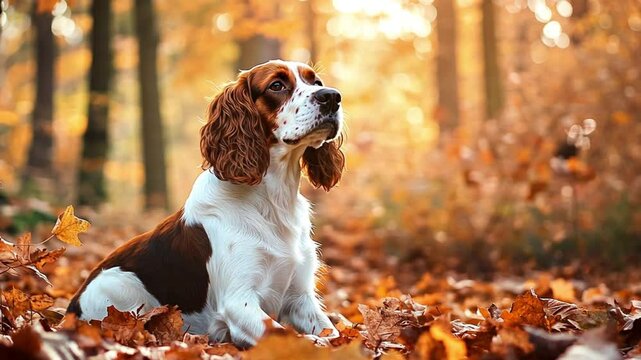 Autumnal Canine: A Springer Spaniel amidst Golden Leaves