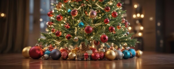 Ornate Christmas tree, vibrant baubles, soft bokeh lights,  illumination,  season, christmas tree