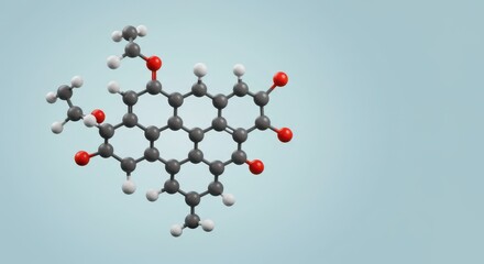 Molecular structure visualization with gray and red atoms on light blue background
