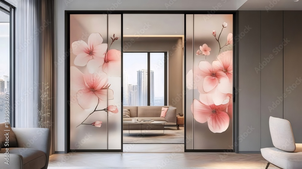 Aufkleber ピンクの桜の花柄が施された透明ガラスの引き戸を備えた洗練されたモダンインテリア空間