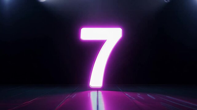 the camera pans across to reveal the digit "7" constructed from glowing neon outlines against a sleek black background