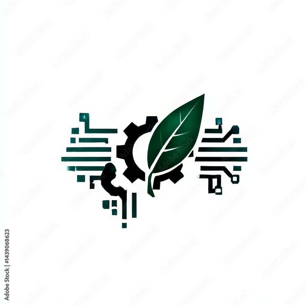 Poster sustainable technology integration: a leaf symbolizing eco-friendly innovation with gear and circuit