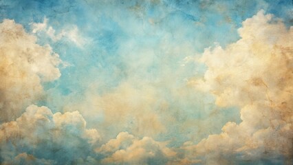 A Serene Vintage Sky Soft Hues of Blue and Gold, Fluffy Clouds Drifting Across a Textured Canvas, Evoking a Sense of Calm and Nostalgia