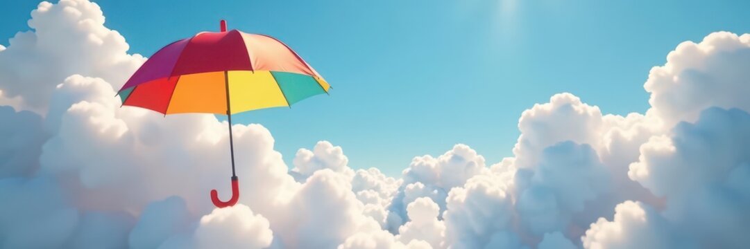 Vibrant rainbow umbrella floats amidst fluffy clouds , fantasy, graphic, hope