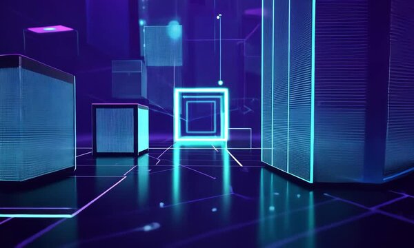 Futuristic digital landscape featuring glowing cubes and circuits in a vibrant neon setting