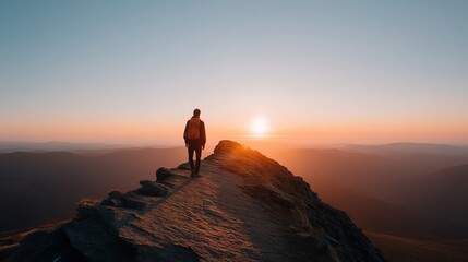Hiker on Mountain Ridge at Sunrise with Backpack Adventure Landscape