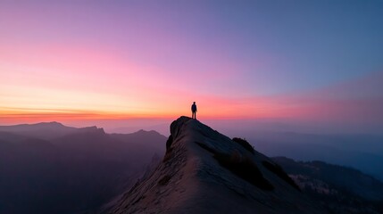 Person Standing on Mountain Peak Watching Vibrant Sunset with Pink Sky