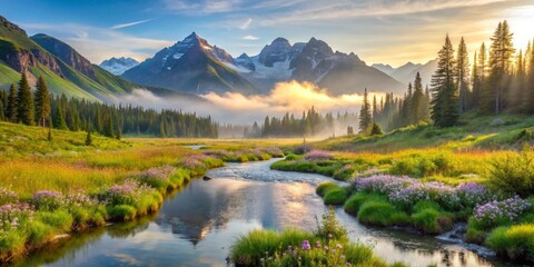 Fototapeta premium Serene Sunrise Over a Mountain River Valley with Blooming Meadows