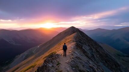 Hiking Mountain Ridge at Sunset with Adventure and Scenic Vista