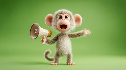 A cute, animated monkey enthusiastically holding a megaphone against a vibrant green background