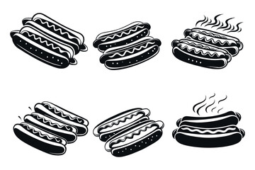 Black and white vector illustration of different arrangements of hot dogs