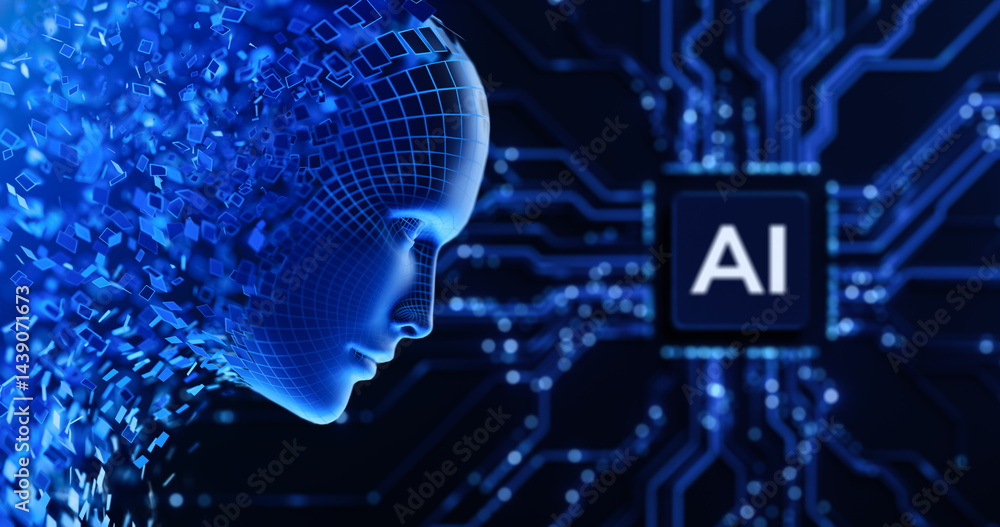 Poster digital face head as symbol of ai with circuit and artificial intelligence chip