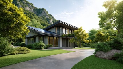 Solar panels on modern eco-house roof background with clean side space for text, solar panels on modern eco-house roof designed for marketing layouts, and professional solar panels on modern eco-house