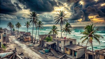 Naklejka premium Coastal Ruins at Sunset A Deserted Tropical Paradise After a Devastating Storm