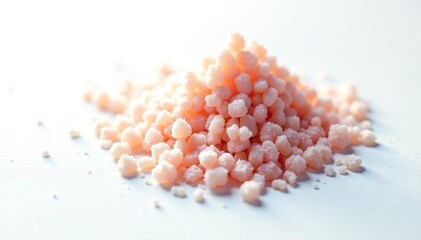 Crystalline sugar granules, bright white background, texture, studio