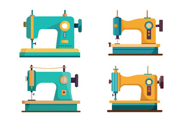 Four flat design sewing machine illustrations in turquoise and yellow colors