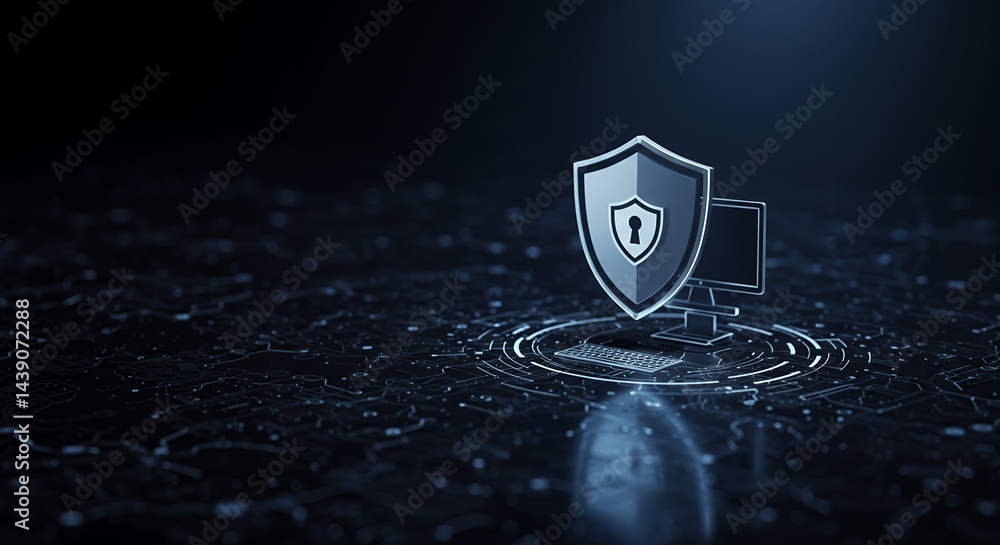 Poster secure data protection laptop with shield and cybersecurity icons for digital safety and privacy con